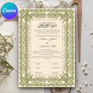 May include: A rectangular marriage certificate printed on cream paper with a dark green botanical border. The text includes the names Umair Jawed and Sabeena Naz, the date September 12, 2025, and lines for signatures of the bride, groom, wali, and witnesses.