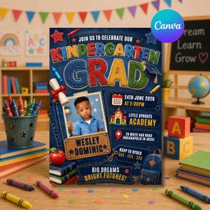 May include: A colorful kindergarten graduation announcement with a denim-textured background. The invitation includes the text "Kindergarten Grad," a photo of a child, and event details. Additional elements include crayons, a diploma, and a backpack.