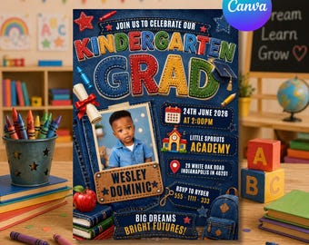 Boy Kindergarten 2026 Graduation Invitation Template | Photo Kids Grad Invite Canva Editable | School Denim Patch Graduation Party Invite