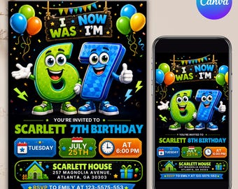 Six Seven Birthday Invitation, 6th to 7th Birthday Party Invite, I Was 6 Now I’m 7, Retro Gaming Birthday, Editable Canva, Digital Download