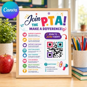 Può includere: Un volantino incorniciato intitolato Join The PTA! Make A Difference! con testo colorato, icone e un codice QR da scansionare. Il volantino elenca i modi per sostenere studenti, insegnanti ed eventi, e include i contatti di Emma Jack.