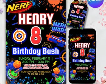 Dart Gun Birthday Invitation – Blaster Fight Party Digital Invite, Any Age Editable Canva Template, Action-Packed Fun, Instant Download.