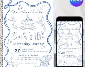 Blue Bow Birthday Invitation, Girls Coquette Party Invite, Printable Digital Download, Editable, Girl Blue Birthday Invite, Canva Template,