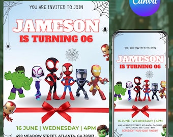 Editable Watercolor Spidey and his Amazing Friends Birthday Party Invitation | Superhero Birthday Invite Canva Template | Instant Download
