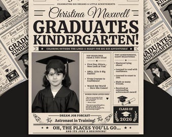 Editable Kindergarten Graduation Announcement | Newspaper Graduation Party Welcome Sign Template | Custom Grad Decor Poster