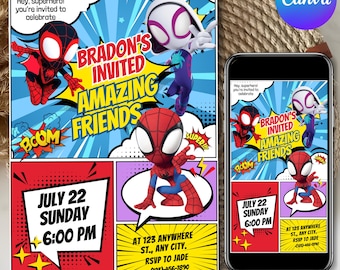 Editable 3rd Spidey Birthday Invitation, Spidey Kids Birthday Invitation, Amazing Friends 3rd Birthday Party, Spiderman Bday Invite Template