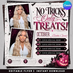 May include: An editable Halloween flyer template featuring the text No Tricks Only Treats, October, and Books Open. It includes two photos of a person with long blonde wavy hair, four customizable service slots with icons, and a pink pumpkin graphic.