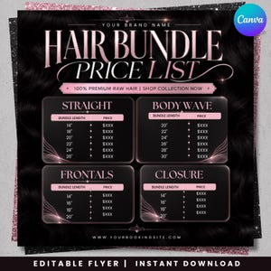 Op de afbeelding: Een zwarte en roségouden prijslijstflyer voor haarbundels met secties voor steil haar, body wave, frontals en closures, inclusief voorbeeldprijzen en lengtes van 14 tot 30 inch, met tekst voor de merknaam en de website.