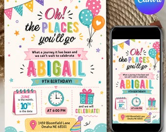 Preschool Graduation Invitation Template, Oh The Places You’ll Go Theme, Pre-K Kindergarten Graduation Invite, Editable Canva Template