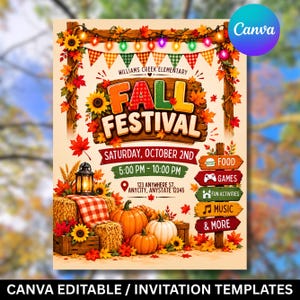 Puede incluir: Un folleto de festival de otoño con un letrero de madera con el texto Williams Creek Elementary Fall Festival, sábado 2 de octubre, 5:00 PM - 10:00 PM, 123 Anywhere St, Anycity, Anystate 12345, decorado con calabazas, girasoles y luces.