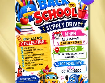 Editable School Supply Drive Flyer, Back to School Giveaway Flyer Template, Local Community Drive, Canva Editable