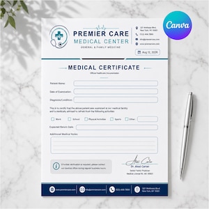 May include: A white medical certificate template for Premier Care Medical Center featuring a blue logo with a stethoscope and cross. The document includes fields for patient name, diagnosis, and return date, with a signature line for Dr. Alexi Carter.