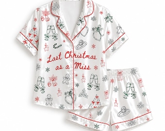 Christmas Doodle Satin Pajama Set with Festive Bows Champagne Candy Canes and Holiday Sketch Pattern