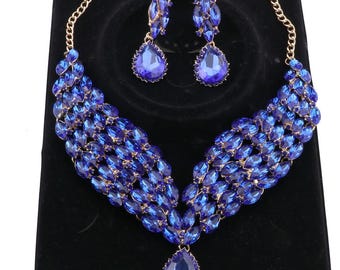 Large Sapphire Crystal Bib Choker Set, Wedding Prom Evening Formal Jewelry Kit