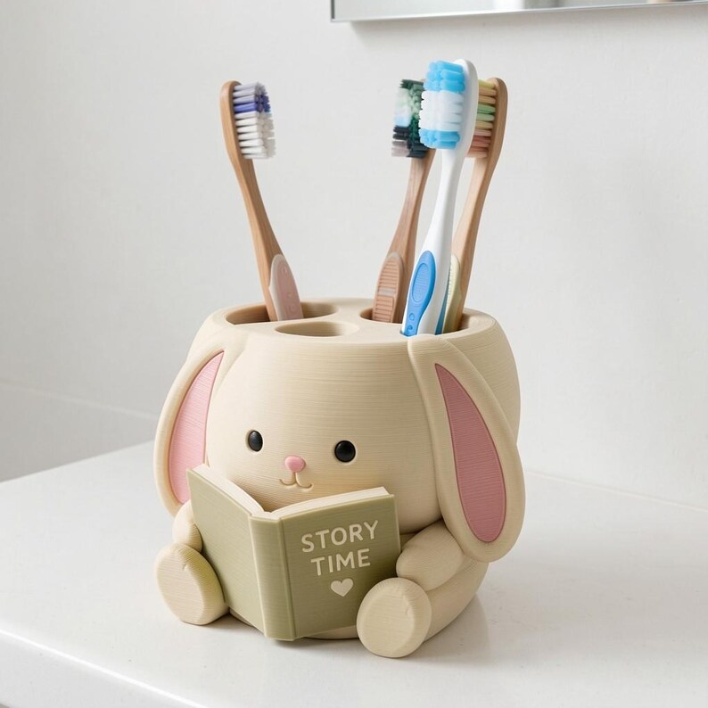 May include: A cream-colored rabbit-shaped toothbrush holder featuring pink inner ears, black eyes, and a small pink nose. The rabbit holds an olive green book with the text "STORY TIME" and a small heart printed on the front cover, containing four toothbrushes.