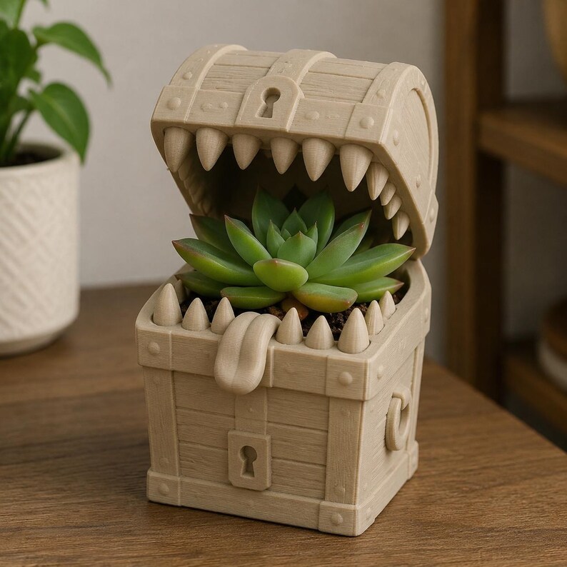 Peut inclure: Un pot de fleurs beige en forme de coffre avec un couvercle articul&eacute;, dot&eacute; de rang&eacute;es de dents pointues le long de l'ouverture et d'une langue saillante. Une plante succulente verte est plant&eacute;e &agrave; l'int&eacute;rieur, avec un motif de serrure.