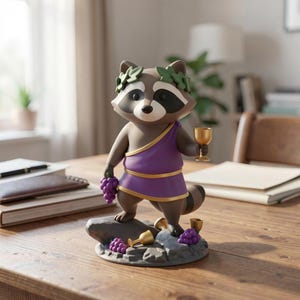 May include: A figurine of a raccoon dressed in a purple toga and a laurel wreath, holding a golden goblet and grapes. The raccoon stands on a rocky base with more grapes and goblets. The figurine has a brown and black color scheme.
