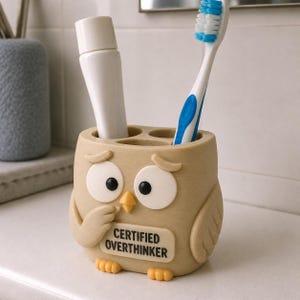 Soporte para cepillo de dientes con forma de búho, certificado como "Overthinker" (pensador excesivo), decoración de baño impresa en 3D, organizador de escritorio original, soporte individual para el cuidado dental pintado a mano. imagen 1
