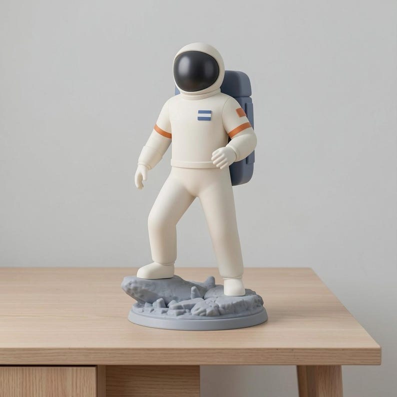 May include: A cream-colored astronaut figurine with a black helmet and blue backpack stands on a gray, rocky base. The astronaut's suit has orange accents and a blue stripe. The figurine is displayed on a light brown wooden table.