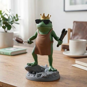 May include: A whimsical green frog figurine wearing sunglasses, a gold crown, and a brown apron. The frog holds a spatula with a burger and tongs, standing on a gray rock base. A fun, decorative item for a kitchen or dining area.
