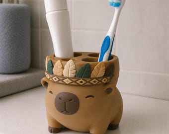 Capybara Toothbrush Holder with Feather Crown, Hand-Painted 3D Printed Bathroom Vanity Organizer
