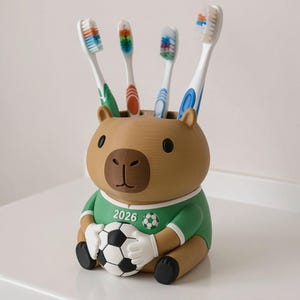 May include: A brown capybara-shaped toothbrush holder wearing a green jersey with the text 2026 and a soccer ball graphic. The capybara holds a black and white soccer ball in its hands. Four colorful toothbrushes are inserted into the top.
