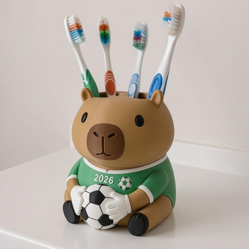 May include: A brown capybara-shaped toothbrush holder wearing a green jersey with the text 2026 and a soccer ball graphic. The capybara holds a black and white soccer ball in its hands. Four colorful toothbrushes are inserted into the top.