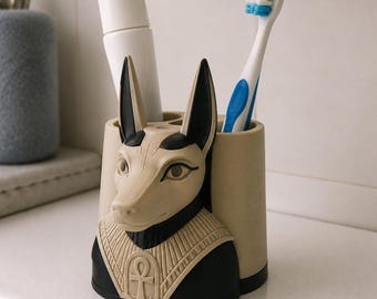 Anubis Toothbrush Stand, 3D Printed Egyptian Tomb Guardian Decor