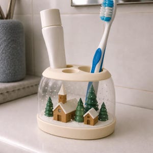 May include: A cream-colored toothbrush holder with a clear, rounded body containing a miniature winter scene with brown houses, green pine trees, and white snow. The holder features two circular openings holding a white tube and a blue toothbrush.