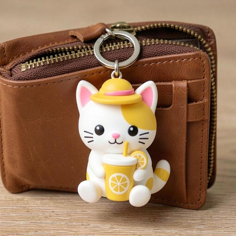 May include: A keychain featuring a white and yellow cat figurine wearing a yellow hat with a pink band. The cat is holding a yellow cup with a straw and a lemon slice graphic. The keychain is attached to a silver metal ring and a brown leather wallet.