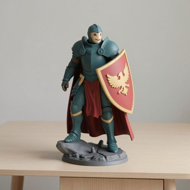 May include: A teal knight figurine with a red cape and shield. The shield features a gold eagle emblem. The knight is posed on a gray rock base, and the figure is standing on a wooden table.