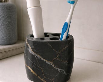 Dark Marble Toothbrush Holder - 3D Printed Gold Veined Vanity Cup - Hand Painted Modern Bath Decor