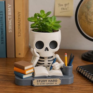 Anatomical Skeleton Head Planter, Hand-Painted 3D Printed Succulent Pot for Desk image 1
