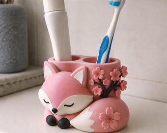 Sakura Fox Toothbrush Holder - Hand-Painted 3D Printed Bathroom Decor