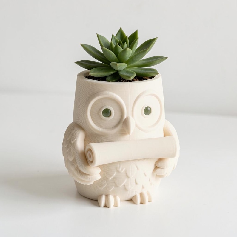 May include: A cream-colored owl-shaped planter featuring a sculpted design of an owl holding a scroll in its wings. The owl has large circular eyes and textured feather details. A green succulent plant is potted inside the top opening.