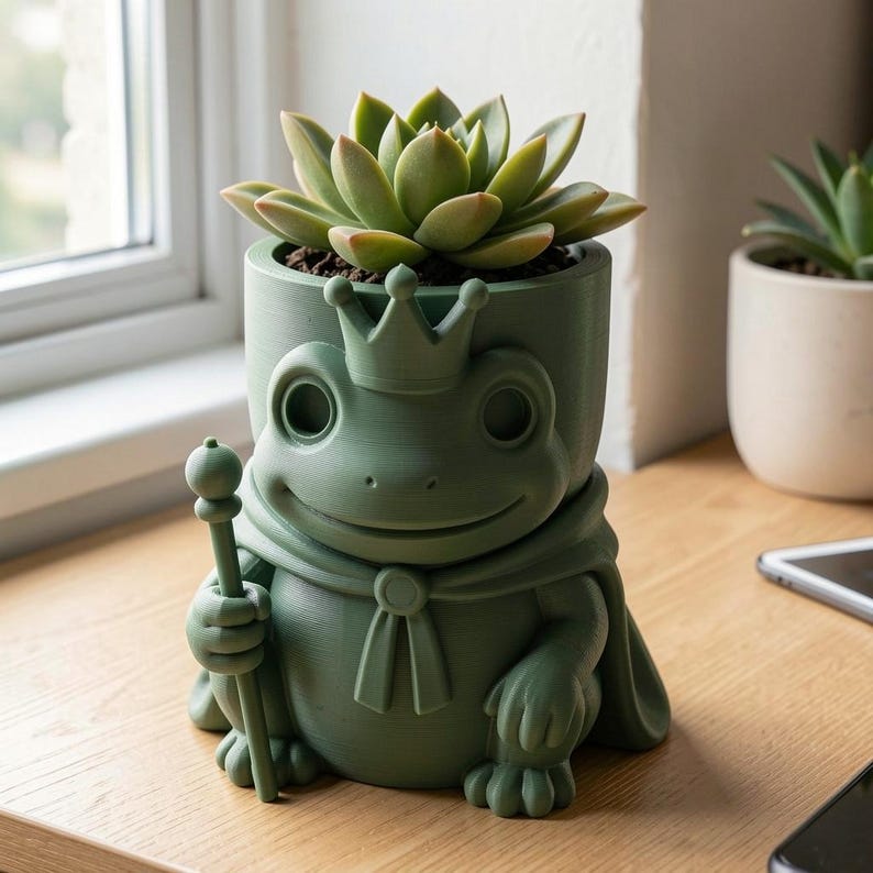 May include: A matte olive green planter shaped like a frog wearing a crown and a cape, holding a scepter. The cylindrical container holds a green succulent plant with thick, pointed leaves arranged in a rosette pattern, centered at the top.