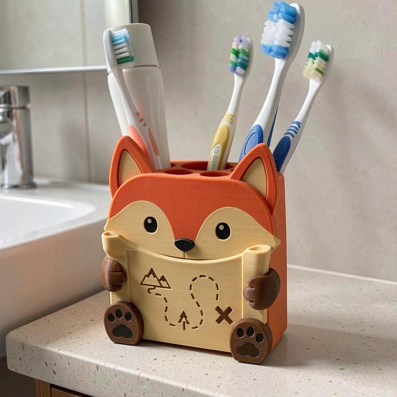 May include: An orange and cream fox-shaped toothbrush holder with brown paws, holding a cream-colored map with mountain and path graphics. The holder contains one white toothpaste tube and three toothbrushes with blue, green, and yellow bristles.