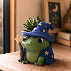 May include: A green frog planter wearing a blue wizard hat and matching cape, both decorated with small yellow stars. The frog holds a brown wooden-textured wand topped with a yellow star, and a spiky green succulent plant grows from the top.