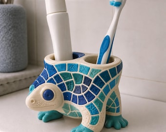 Gaudi Lizard 3D Printed Toothbrush Holder - Hand Painted Mosaic Style Single Vanity Stand