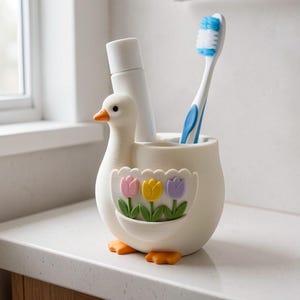Pu&ograve; includere: Un portaspazzolino a forma di anatra bianca con piedi e becco arancioni. L'anatra presenta una tasca decorativa sul davanti contenente tre piccoli tulipani in rilievo di colore rosa, giallo e viola. All'interno sono inseriti un tubetto bianco e uno spazzolino blu e bianco.
