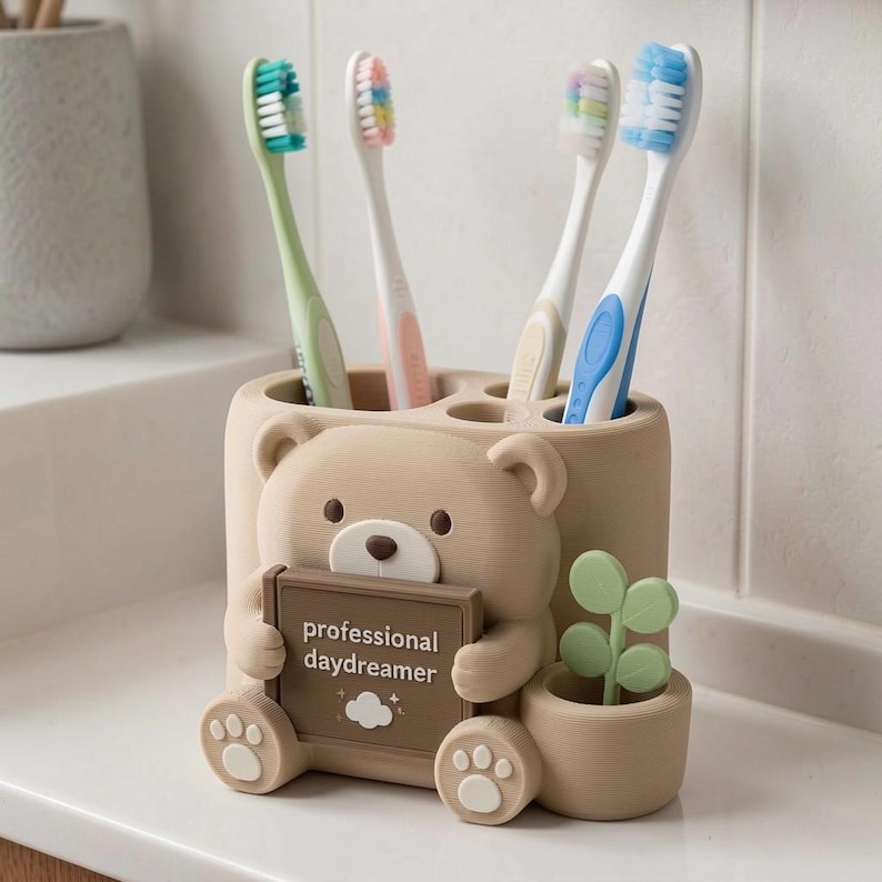Professional Daydreamer Bear Toothbrush Holder - Hand Painted 3D Printed Bathroom Decor image 2