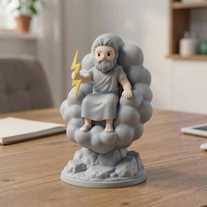 May include: A gray figurine of Zeus, seated on a cloud, holding a yellow lightning bolt. The figurine has a beard and is wearing a toga. The base is a rocky formation.