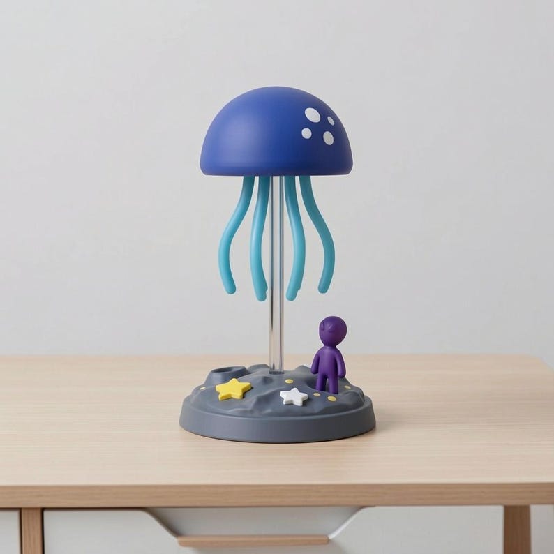 May include: A whimsical blue jellyfish lamp with white dots on the top, supported by light blue tentacles. The lamp sits on a gray base with a purple figurine and star-shaped accents. The lamp is on a wooden surface.