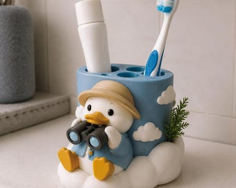 Cloud Watcher Duck 3D Printed Toothbrush Holder, Hand-Painted Whimsical Vanity Organizer for Single Brush