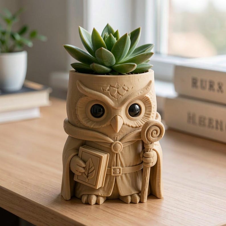 Legend Keeper Owl Planter, Hand-Painted 3D Printed Succulent Pot, Whimsical Desk Decor Sculpture image 2
