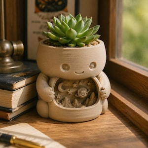 May include: A beige, rounded planter shaped like a character with a smiling face, holding a hollowed-out section that displays a carved relief of mountains, stars, a crescent moon, and a planet with rings. A green succulent plant sits inside.
