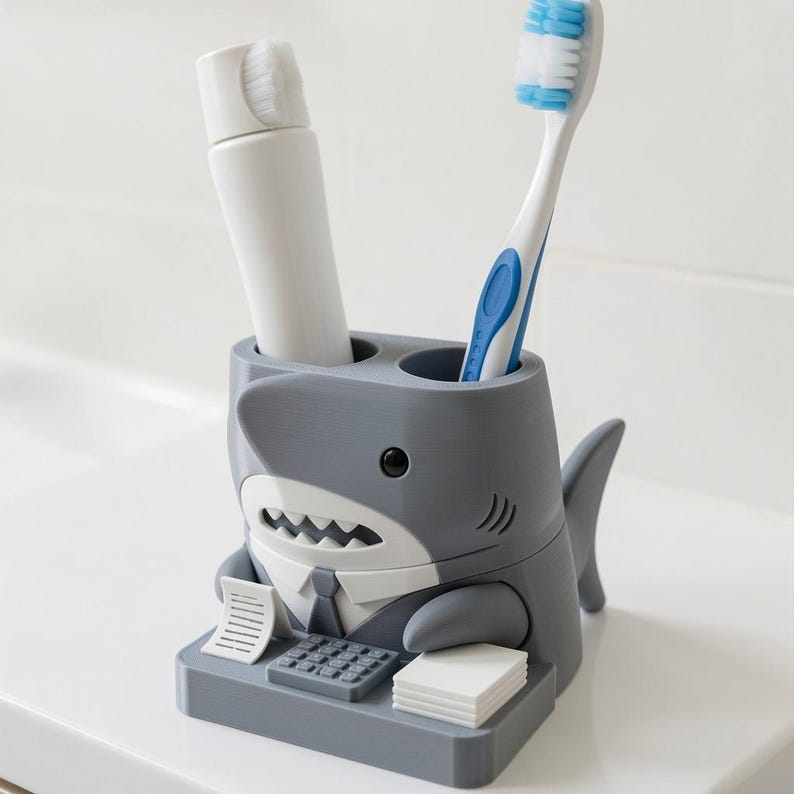 Porte-brosse à dents Shark Accountant - Organiseur de salle de bain imprimé en 3D peint à la main image 2