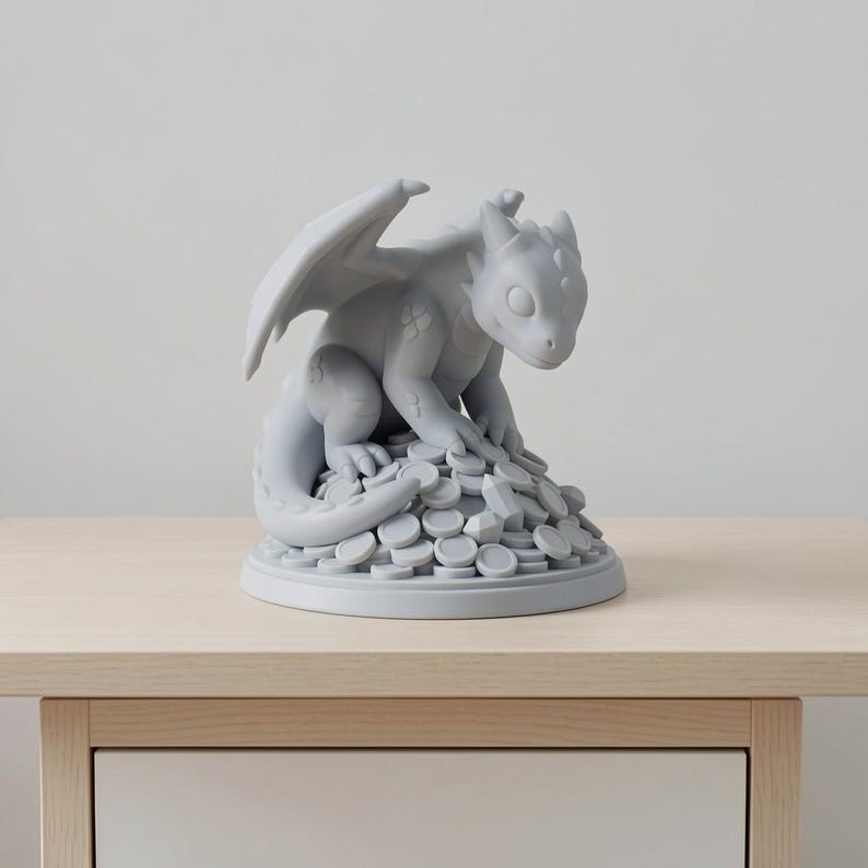 May include: A light grey dragon figurine with outstretched wings, perched atop a pile of coins. The dragon is detailed with scales and a friendly expression. The figurine is displayed on a light-coloured wooden surface.