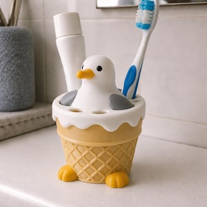 Seagull Ice Cream Toothbrush Holder, Hand Painted 3D Printed Bathroom Organizer, Coastal Summer Vanity Accessory image 1