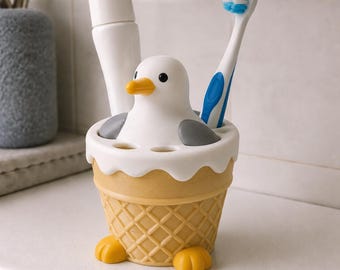 Seagull Ice Cream Toothbrush Holder, Hand Painted 3D Printed Bathroom Organizer, Coastal Summer Vanity Accessory